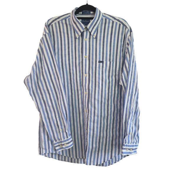 Faconnable Shirt Men's L Blue White Bold Stripe Textured Cotton Button Down - Picture 1 of 10
